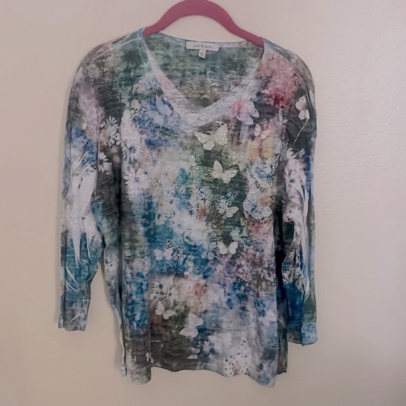 Jess & Jane Tops - Jess & Jane Rhinestone Butterfly 3/4 Sleeve T-Shirt, Size X-Large